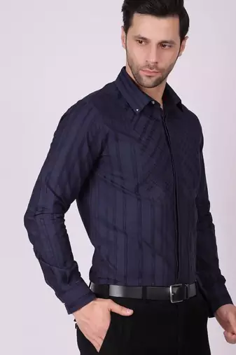 Pier seven men's cotton striped pleated yoke regular fit shirt - navy blue (pwy054)