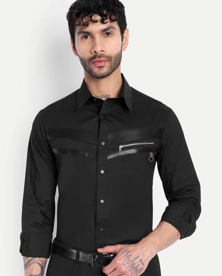 Pier seven black panelled shirt with faux-leather & zipper detail  cotton blend men's slim fit full sleeve shirt 2