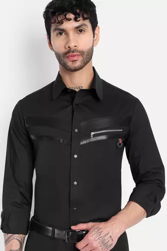 Pier seven black panelled shirt with faux-leather & zipper detail  cotton blend men's slim fit full sleeve shirt