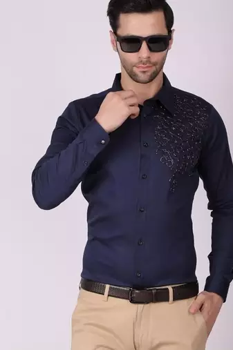 Pier seven men's cotton satin bead work slim fit shirt - navy blue (pwy003)