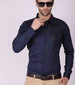 Pier seven men's cotton satin bead work slim fit shirt - navy blue (pwy003)