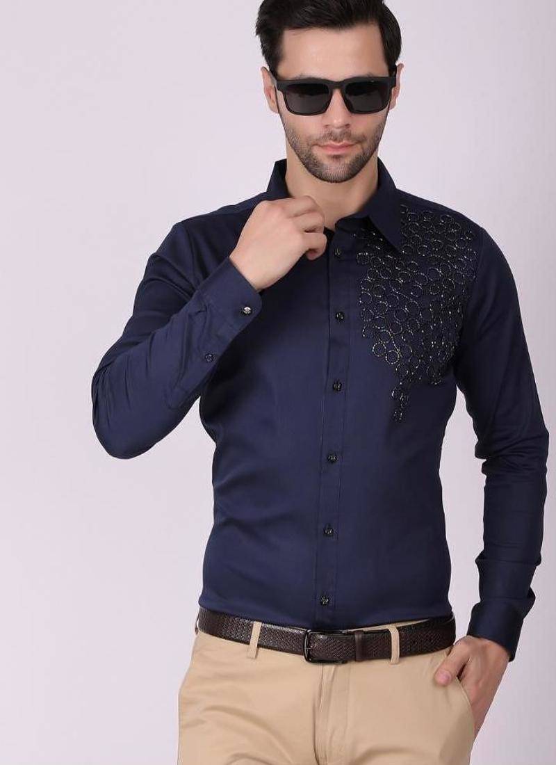 Pier seven men's cotton satin bead work slim fit shirt - navy blue (pwy003)
