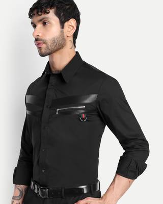 Pier seven black panelled shirt with faux-leather & zipper detail  cotton blend men's slim fit full sleeve shirt 3