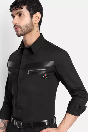 Pier seven black panelled shirt with faux-leather & zipper detail  cotton blend men's slim fit full sleeve shirt