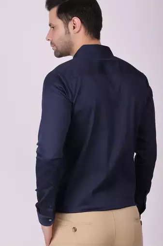 Pier seven men's cotton satin bead work slim fit shirt - navy blue (pwy003)