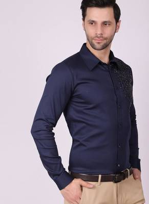 Pier seven men's cotton satin bead work slim fit shirt - navy blue (pwy003) 3