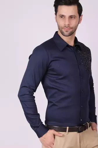 Pier seven men's cotton satin bead work slim fit shirt - navy blue (pwy003)