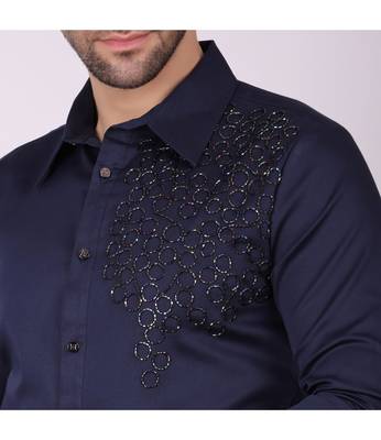 Pier seven men's cotton satin bead work slim fit shirt - navy blue (pwy003) 4