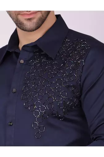Pier seven men's cotton satin bead work slim fit shirt - navy blue (pwy003)