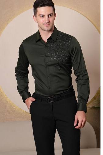 Pier seven men's cotton satin bead work slim fit shirt - green (pwy003)