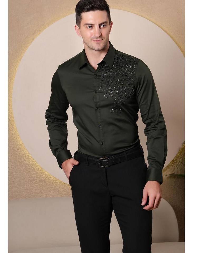 Pier seven men's cotton satin bead work slim fit shirt - green (pwy003)