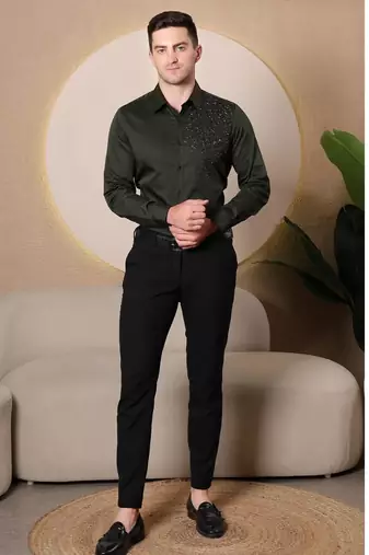 Pier seven men's cotton satin bead work slim fit shirt - green (pwy003)