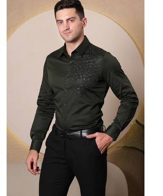 Pier seven men's cotton satin bead work slim fit shirt - green (pwy003) 3