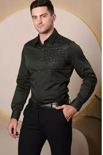 Pier seven men's cotton satin bead work slim fit shirt - green (pwy003)