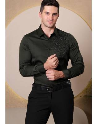 Pier seven men's cotton satin bead work slim fit shirt - green (pwy003) 4