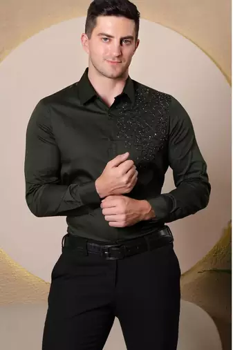 Pier seven men's cotton satin bead work slim fit shirt - green (pwy003)