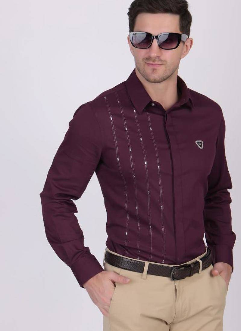 Pier seven signature cotton self design slim fit shirt for men - maroon (pwy055)