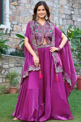 purple sequins embroidered silk festive lehenga set choli with dupatta