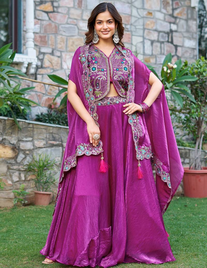 purple sequins embroidered silk festive lehenga set choli with dupatta