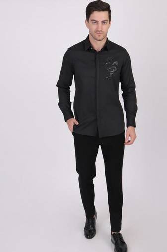 Pier seven signature cotton patch work slim fit shirt for men - black (pwy075)