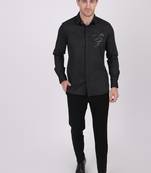 Pier seven signature cotton patch work slim fit shirt for men - black (pwy075)