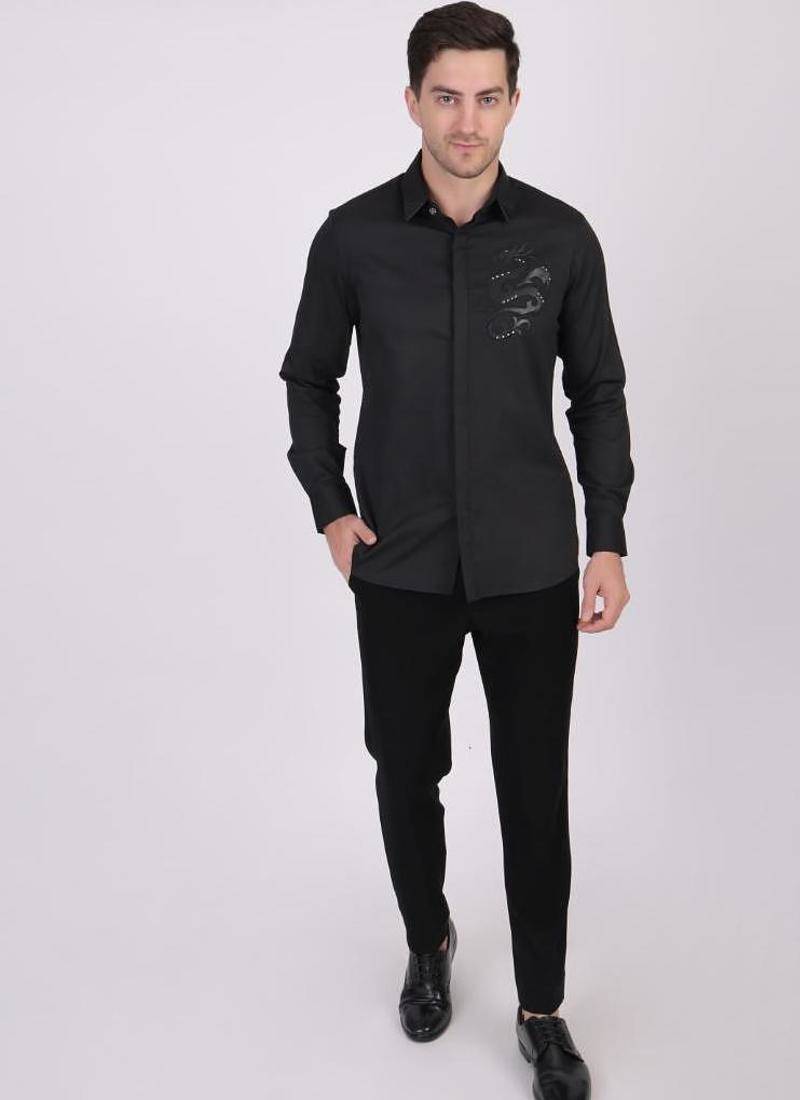 Pier seven signature cotton patch work slim fit shirt for men - black (pwy075)