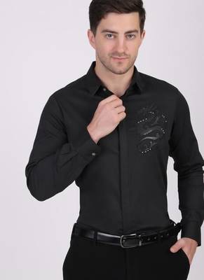 Pier seven signature cotton patch work slim fit shirt for men - black (pwy075) 2