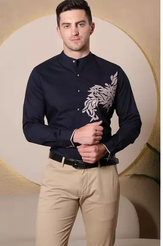 Pier seven ethnic polycotton embroidered slim fit shirt for men - navy (pwe006)