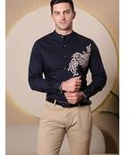 Pier seven ethnic polycotton embroidered slim fit shirt for men - navy (pwe006)