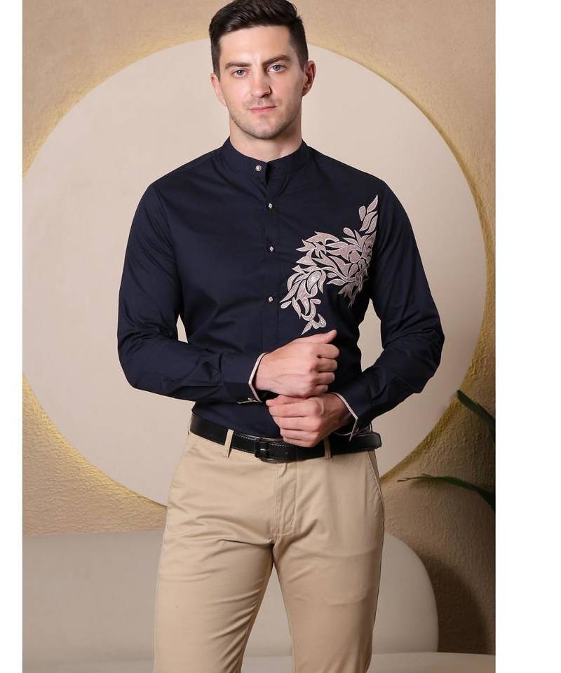 Pier seven ethnic polycotton embroidered slim fit shirt for men - navy (pwe006)