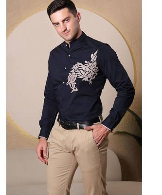 Pier seven ethnic polycotton embroidered slim fit shirt for men - navy (pwe006) 2