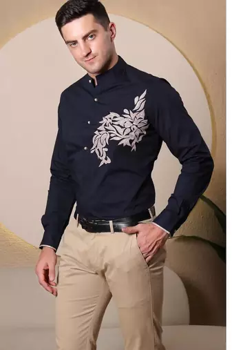 Pier seven ethnic polycotton embroidered slim fit shirt for men - navy (pwe006)