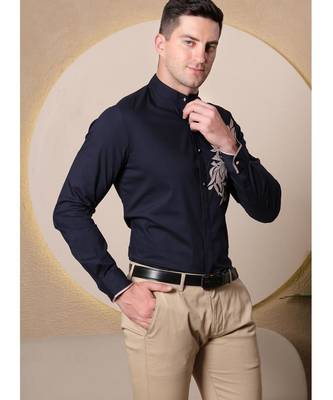 Pier seven ethnic polycotton embroidered slim fit shirt for men - navy (pwe006) 3