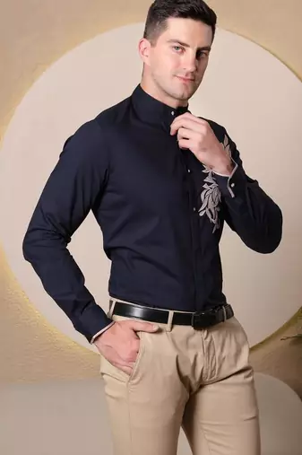 Pier seven ethnic polycotton embroidered slim fit shirt for men - navy (pwe006)