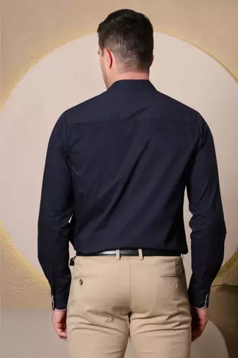 Pier seven ethnic polycotton embroidered slim fit shirt for men - navy (pwe006)