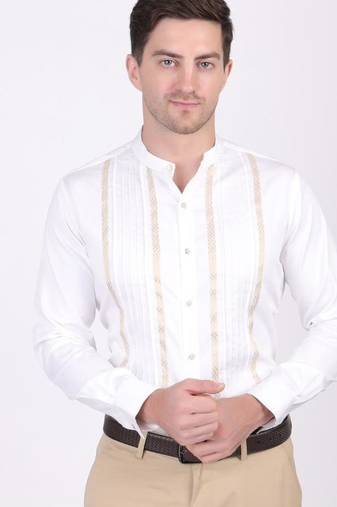 Pier seven ethnic cotton blend mandarin collar men's slim fit shirt - white (pwm025)