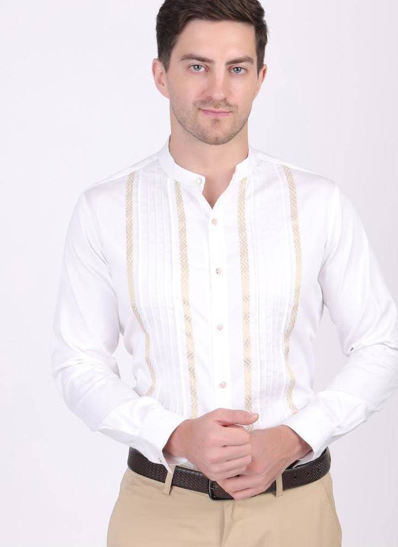 Pier seven ethnic cotton blend mandarin collar men's slim fit shirt - white (pwm025)