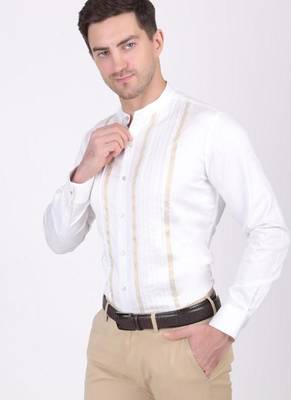 Pier seven ethnic cotton blend mandarin collar men's slim fit shirt - white (pwm025) 2