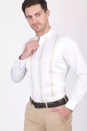 Pier seven ethnic cotton blend mandarin collar men's slim fit shirt - white (pwm025)