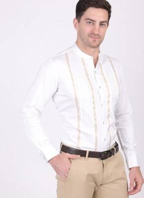 Pier seven ethnic cotton blend mandarin collar men's slim fit shirt - white (pwm025) 3