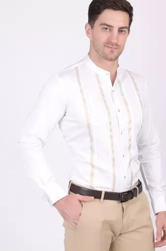 Pier seven ethnic cotton blend mandarin collar men's slim fit shirt - white (pwm025)