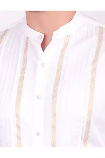 Pier seven ethnic cotton blend mandarin collar men's slim fit shirt - white (pwm025)