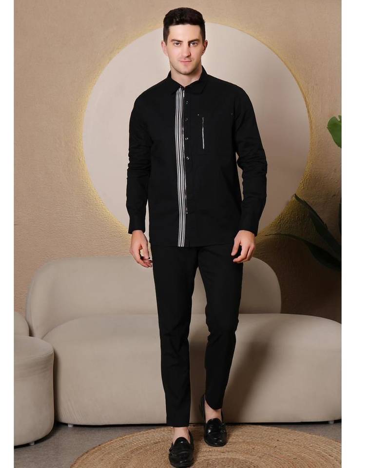 Pier seven urban cotton zipper men's regular fit shirt - black (cwy045)