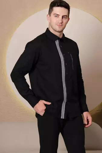 Pier seven urban cotton zipper men's regular fit shirt - black (cwy045)
