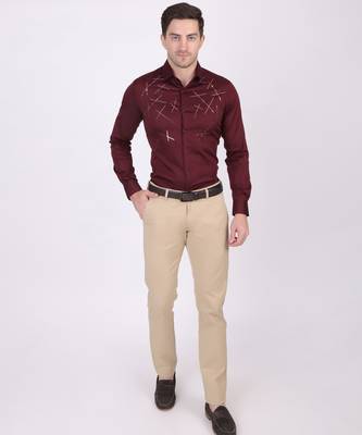 Pier seven embellished cotton blend men's slim fit full sleeve shirt - maroon (pwy073) 1