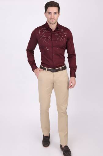 Pier seven embellished cotton blend men's slim fit full sleeve shirt - maroon (pwy073)