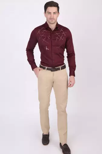 Pier seven embellished cotton blend men's slim fit full sleeve shirt - maroon (pwy073)