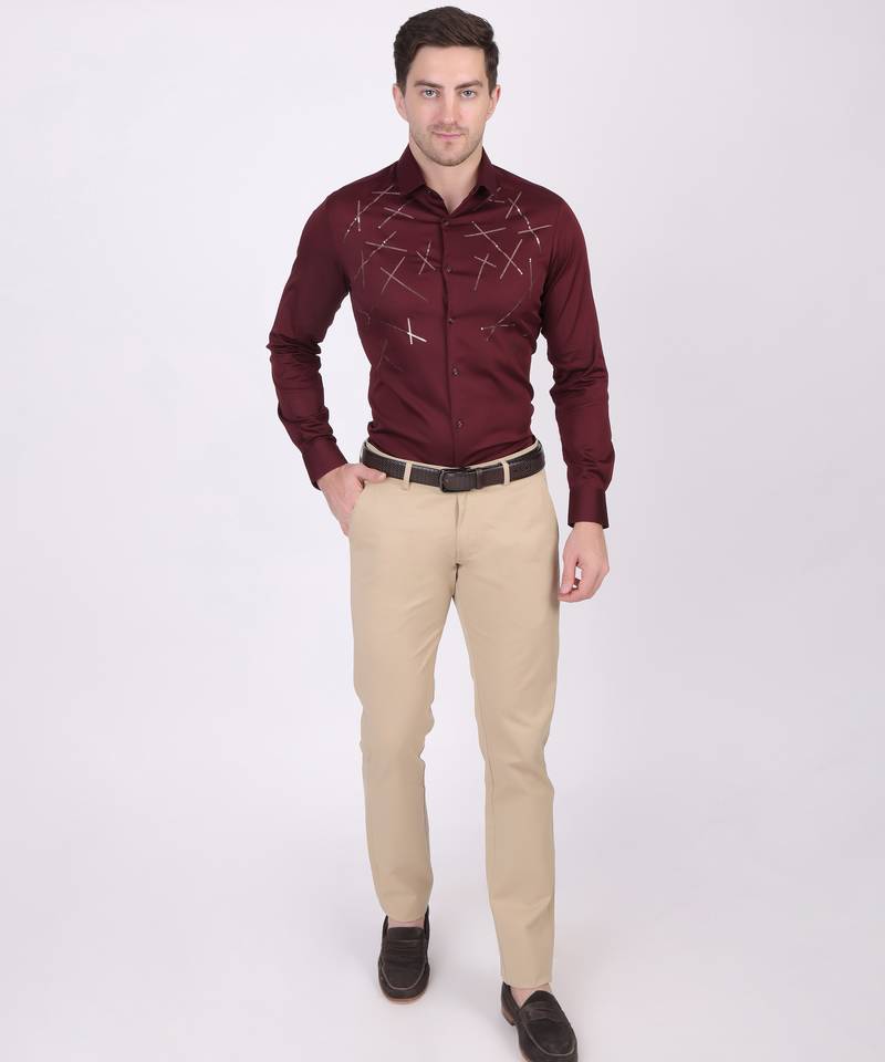 Pier seven embellished cotton blend men's slim fit full sleeve shirt - maroon (pwy073)