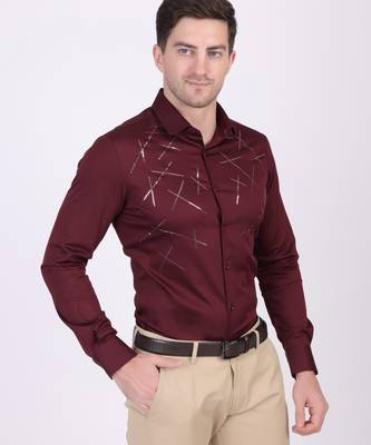 Pier seven embellished cotton blend men's slim fit full sleeve shirt - maroon (pwy073) 2
