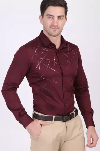 Pier seven embellished cotton blend men's slim fit full sleeve shirt - maroon (pwy073)
